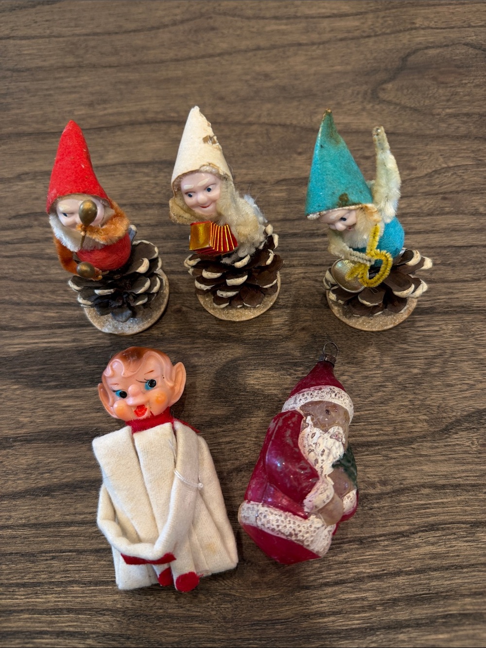 Vintage-Inspired Lot - Pinecone Elf Figurines Set/Pixie Elf/Glass Santa